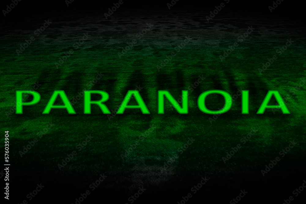 Mental disorder. Bright word Paranoia on dark surface, toned in green