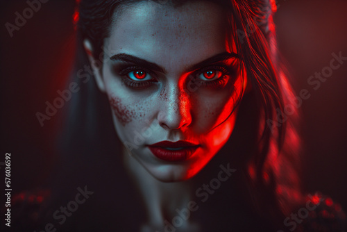 Photo portrait, vampire woman, brunette, red eyes, Generative AI