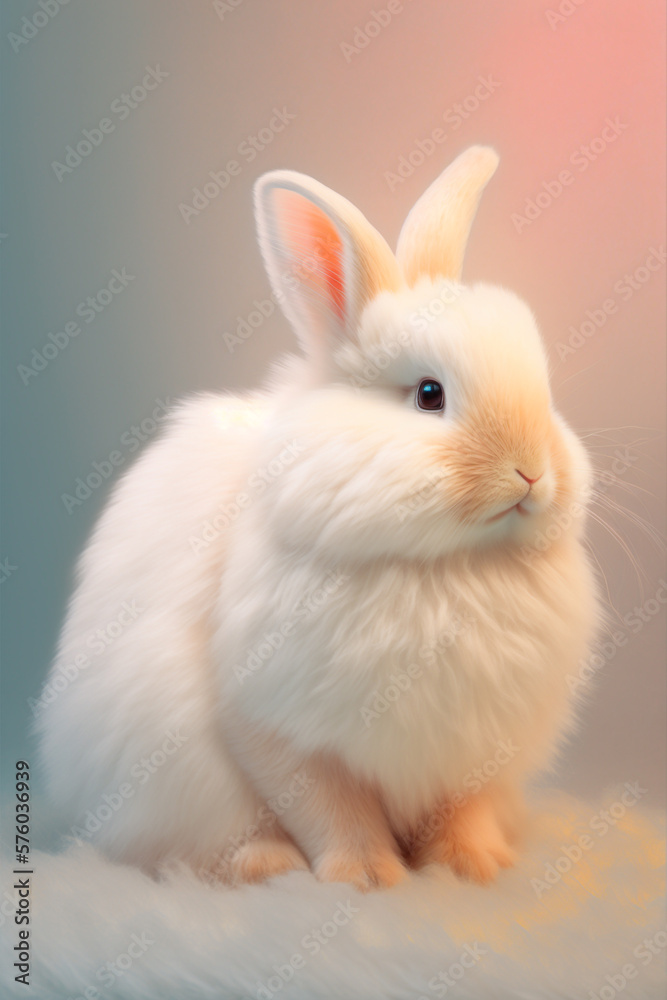A fluffy white rabbit sits serenely against a soft-colored background, a symbol of Easter. A fluffy white rabbit sits serenely against a soft-colored background, a symbol of Easter.