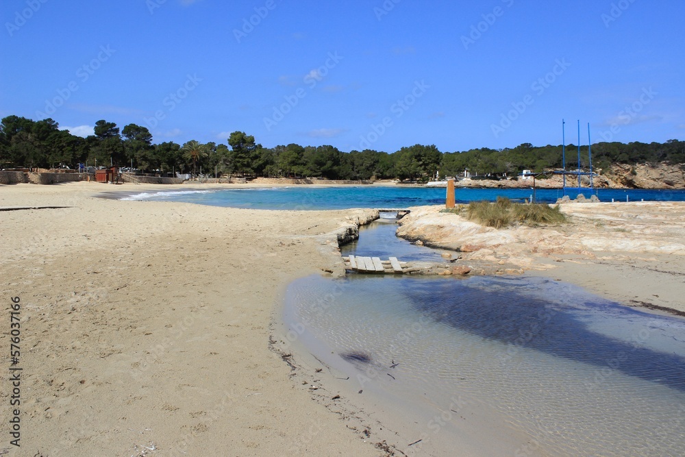 Obraz premium The paradisiacal beach of Cala Bassa in Ibiza in the Balearic Islands. Fantastic blue and turquoise sea and white sand beaches.