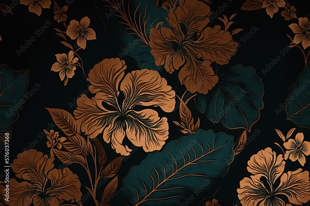 Repeating pattern of bronze hibiscus on dark paper. Background, ornament, creativity, high resolution, art, generative artificial intelligence