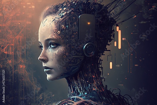 Girl with Artificial intelligence with neural. Technologies of the future, transhumanism, non-existent person, high resolution, art, generative artificial intelligence