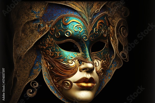 Golden carnival mask on a black background. Disguise, anonymity, luxury design, golden ornament, high resolution, art, generative artificial intelligence