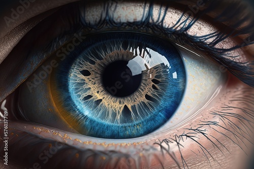 Beautiful human blue eye realistic. Wallpaper for phone, close-up, zoom, glare, eyelashes, retina scanner, high resolution, art, generative artificial intelligence