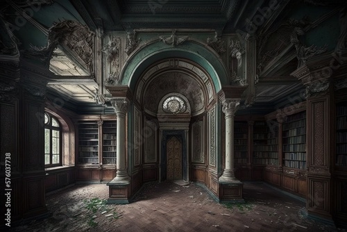 Image of an old richly decorated but abandoned library. Luxurious interior, gothic style, reading room, rare book collection, spooky atmosphere, high definition, art, generative ai