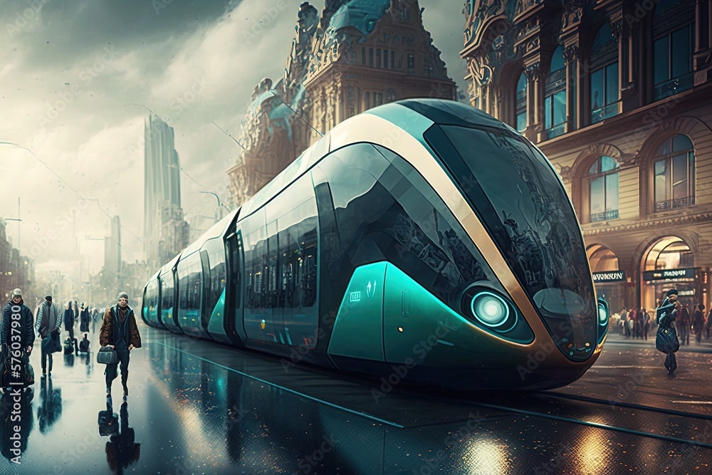 Civillian electric train at high speed on the background of the city. International flights, metro, new technologies, futuristic design, high resolution, art, generative artificial intelligence