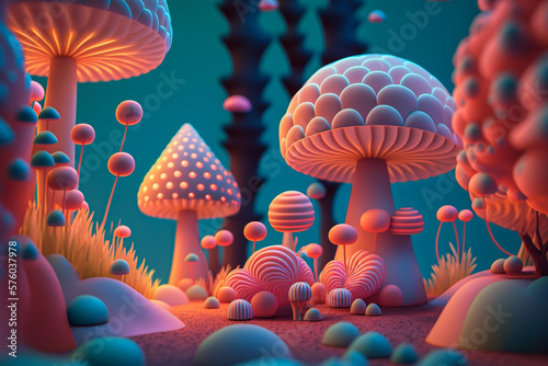 Mushroom Village. Cute cartoon houses with atmospheric lighting. Digital Painting, Generative Ai.