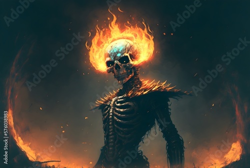 horror character of demon skeleton with fire flames in hellfire  digital art style  illustration painting  Generative AI