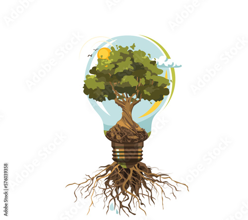 Green energy vector illustration. Light bulb with tree inside, roots