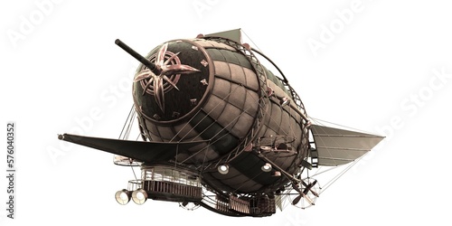 A huge steampunk airship isolated on a white background. Beautiful fantasy 3D illustration of a dirigible. Beautiful fantastic wallpaper.