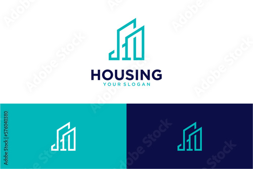 housing logo design with building and line art