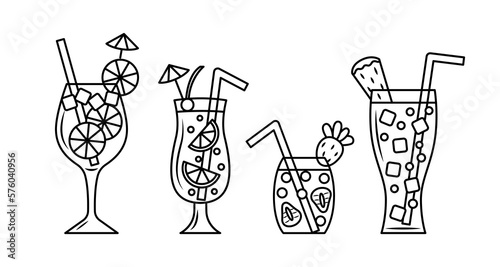 Vector linear cocktails with fruits. Isolated outline icons set of fresh summer cocktails on white