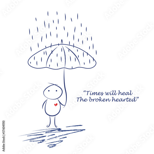 A broken-hearted person with an umbrella in rainy day