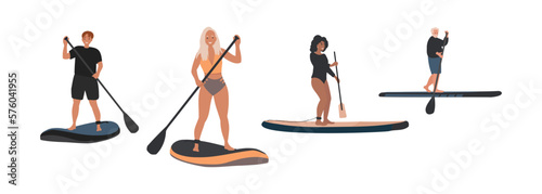 Women and mans on sup board, sup boarding concept. Various Sup surfers black woman, old man,  collections.Cartoon flat vector illustration isolated from background