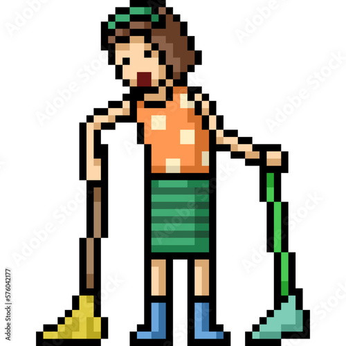 pixel art woman cleaning room