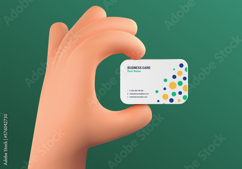 3d cartoon hand holding business card template on dark green background vector illustration. Visit card in funny arm macro view. 