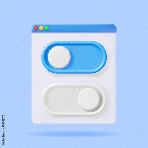 3D On and Off Buttons Switch in Browser Window Isolated. Render Slider Bars Selector. Switcher Yes or Not. Off and On Position in Circle Shape. Unlock and Lock. Vector Illustration