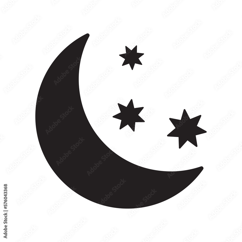 Crescent moon with stars icon on white background. Night icon. Crescent moon icon. Minimalist style. Crescent moon with stars icon on white background. Night icon. Crescent moon icon. Minimalist style.