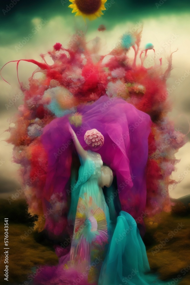 This experimental escapism art depicts a woman with a head made of art textures, wearing a dress and holding something unseeable. The artwork uses a mix of watercolors, clouds, and vibrant paint color This experimental escapism art depicts a woman with a head made of art textures, wearing a dress and holding something unseeable. The artwork uses a mix of watercolors, clouds, and vibrant paint color