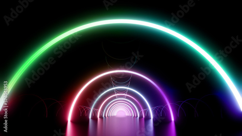 Neon Line Tunnel glowing Fluorescent light corridor stage 3D illustration background
