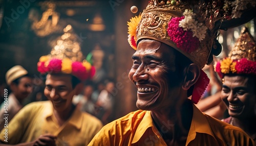 Balinese celebrating “Galungan and Kuningan” in Bali temple, Generative AI photo