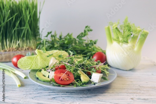 Salad of microgreens, avocado, tomatoes, cheese and arugula, on a plate, against the background of fennel and greens, recipe from natural ingredients, healthy food 