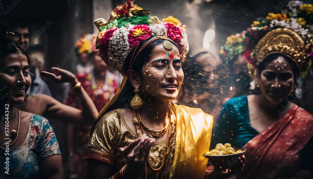 Balinese celebrating “Galungan and Kuningan” in Bali temple, Generative AI