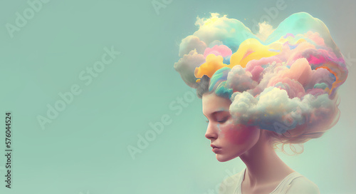 Portrait of a woman with pastel colored candy cloud hair, generative AI © Berit Kessler