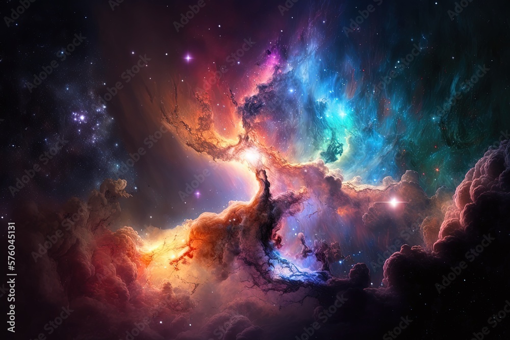 Futuristic nature view in galaxy. Abstract space endless nebula galaxy background. Star system, gravity, astronomy, black hole, high resolution, art, generative artificial intelligence