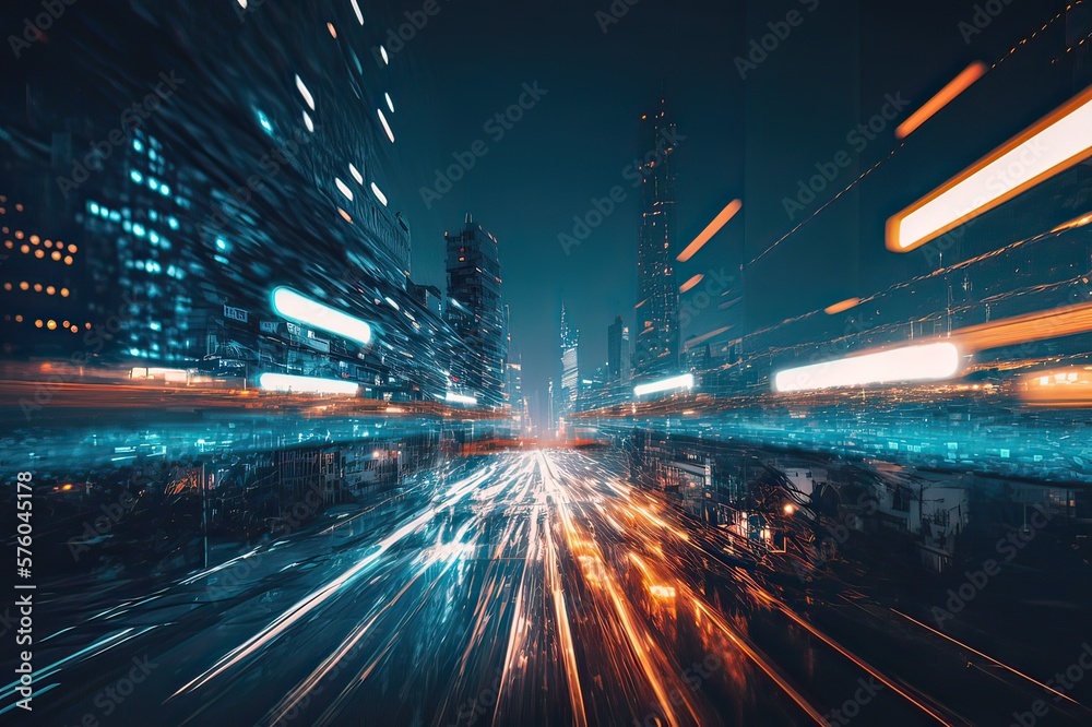 Obraz premium Virtual City: Blurred Motion. Photo generative AI