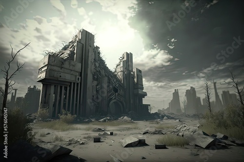 Post-apocalyptic urban ruins. Photo generative AI