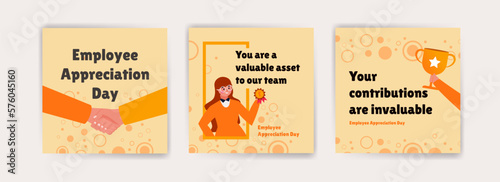 Celebrate Employee Appreciation Day with Cheerful Greeting Cards. Vector banner with illustration of employee getting award and congratulating on his achievement.
