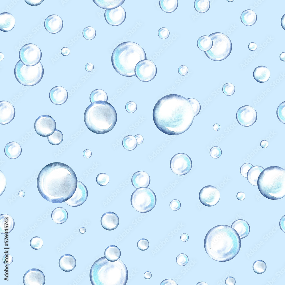 Transparent drops of water. Seamless pattern with water bubbles. Watercolor hand drawn. Label and textile