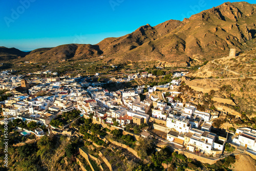 Aerial sunrise view above the beautiful village of Níjar in Andalusia southern Spain photo