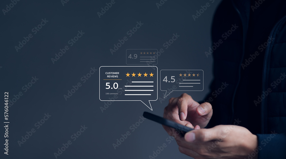 User give rating to service excellent experience on mobile phone application, Client evaluate quality of service reputation ranking of business. Customer review satisfaction feedback survey concept. - obrazy, fototapety, plakaty 