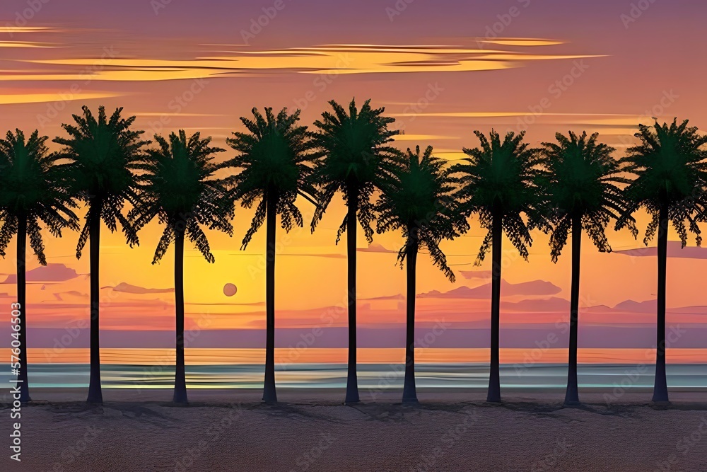 80s or 90s retro sunset landscape, Evening on the beach with palm trees, Colorful picture for rest. Palm trees at sunset. Generative AI