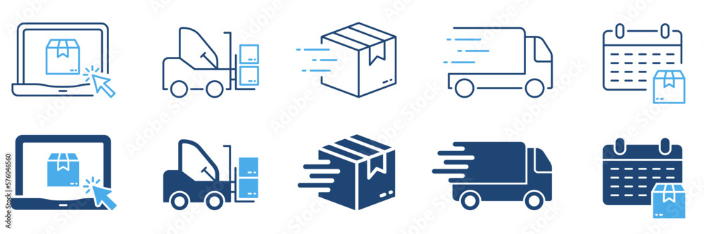 Order Package Cargo Shipment Silhouette and Line Icon Set. Shipping Transportation Cardboard Parcel Box Pictogram Collection. Fast Delivery Service Sign. Isolated Vector Illustration - obrazy, fototapety, plakaty 