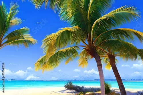 A lot of shining palms at a wonderful beach  anime painting . Generative AI