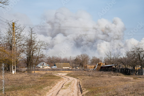 Huge cloud of smoke from burning reed. The smoke is raising from near Vylkove Village, Ukraine
