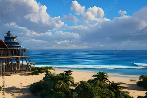 Beach living on Sea view 3d rendering. Generative AI
