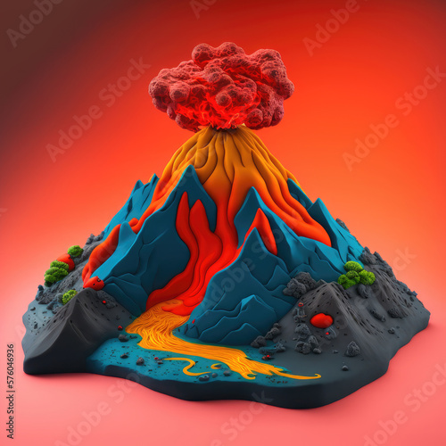 A plasticine erupting volcano landscape on a red background. Created with Generative AI.