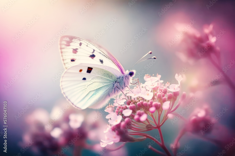 pink butterfly on flower, pastel nature background, generative ai