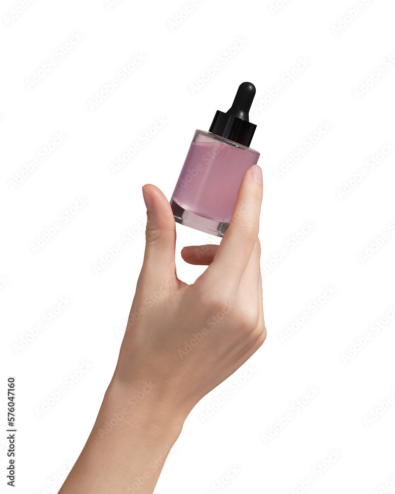 Woman hand holding facial essential oil or serum packaging on