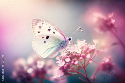 pink butterfly on flower, pastel nature background, generative ai © Dmytro Tykhokhod