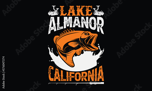 Lake almanor California - Hand-drawn lettering phrase, SVG t-shirt design. Ocean animal with spots and curved tail blue badge, Vector files EPS 10. photo