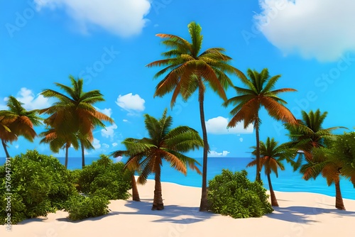 Coconut trees with beach sand on blue background. summer concept. 3d rendering. Generative AI