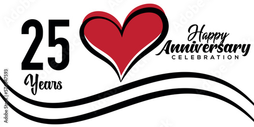 Vector 25th anniversary celebration logo lovely red heart abstract vector  on white background design template illustration.