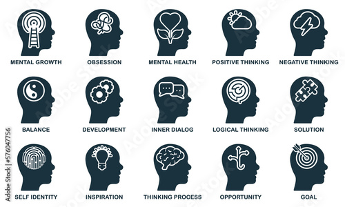 Mental Health Silhouette Icon Set. Psychology Therapy, Emotional Support Glyph Pictogram. Personality Development Solid Sign. Inspiration, Intellectual Process Symbol. Isolated Vector Illustration