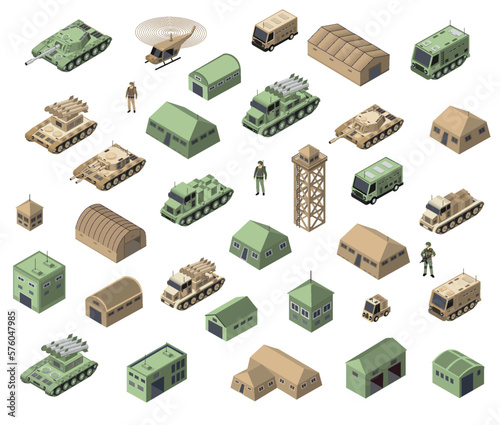 Set of army armed troop isometric armed military transport objects