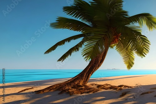 Stranded wooden boat on the beach under the palm tree with beautiful sea view 3D Rendering, 3D Illustration. Generative AI